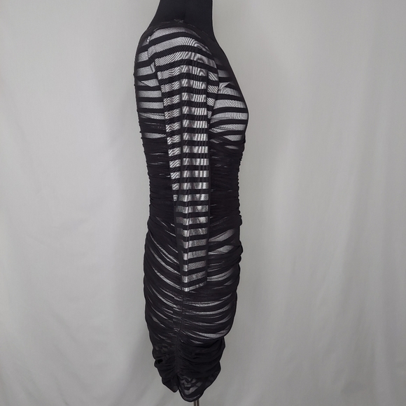 BCBGMaxazria Dress Mini Bodycon Mesh Striped Ribbon Tie One Shoulder Stretch XS - Picture 4 of 5